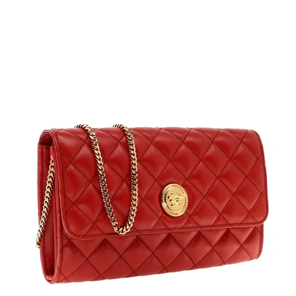 Versace Medusa Chain Crossbody Quilted Red Leather New